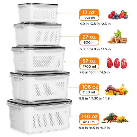 5 Pack Fridge Organizers and Storage - Stackable Fruit Storage Containers for Fridge with Removable Colander, BPA-Free Food Storage Container for Salad Berry Lettuce Vegetables Meat Keeper Fresh