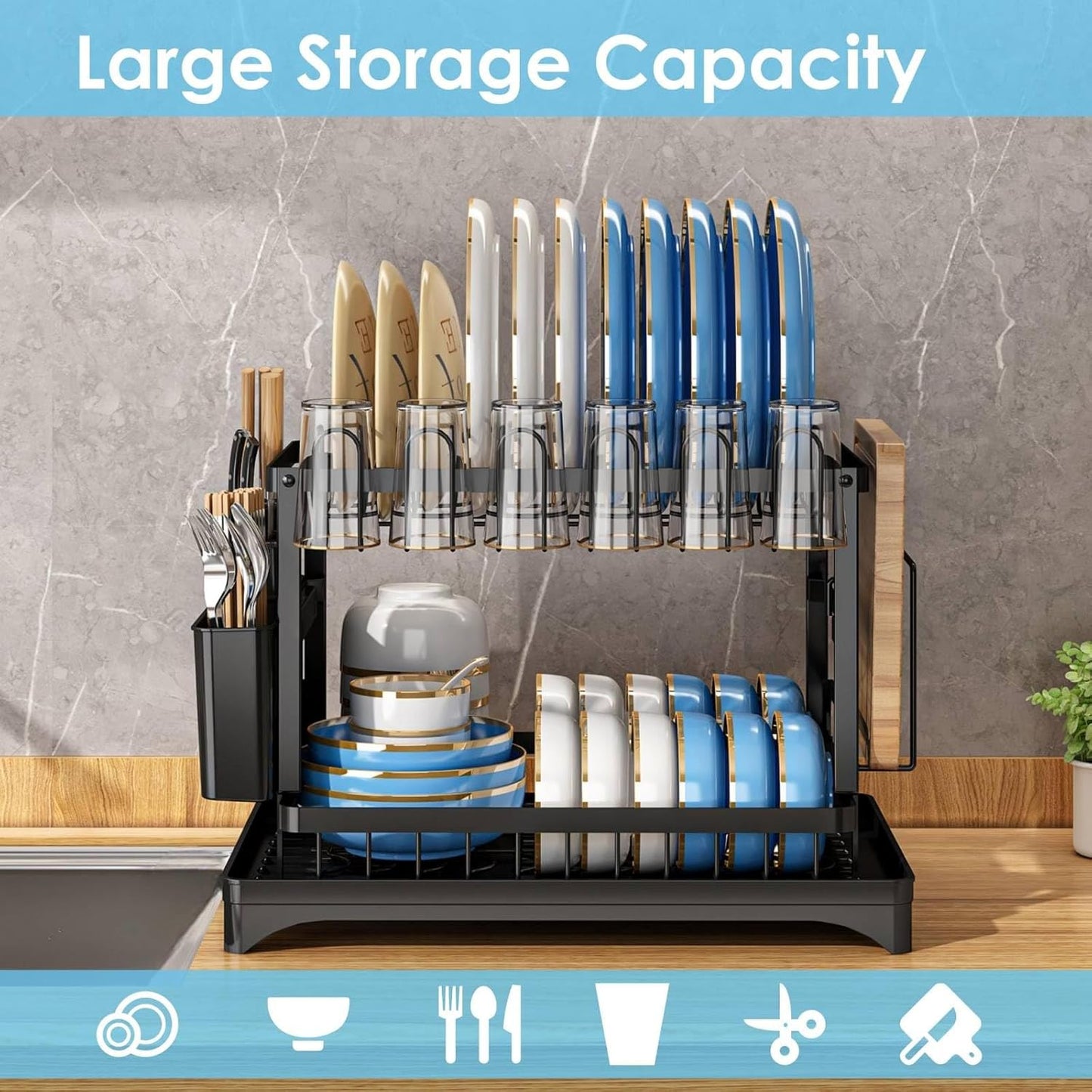 Dish Drying Rack with Removable Drain Tray — Dry Dishes, No Counter Puddles