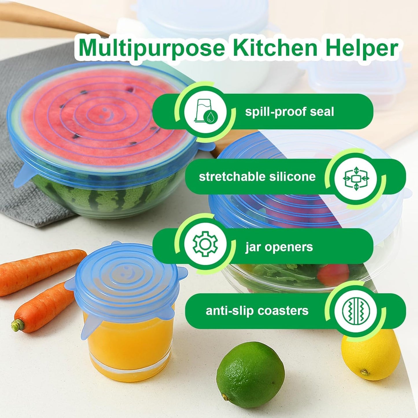 Silicone Stretch Lids- snugly seal your bowls, jars, fruits, and more (6pcs)