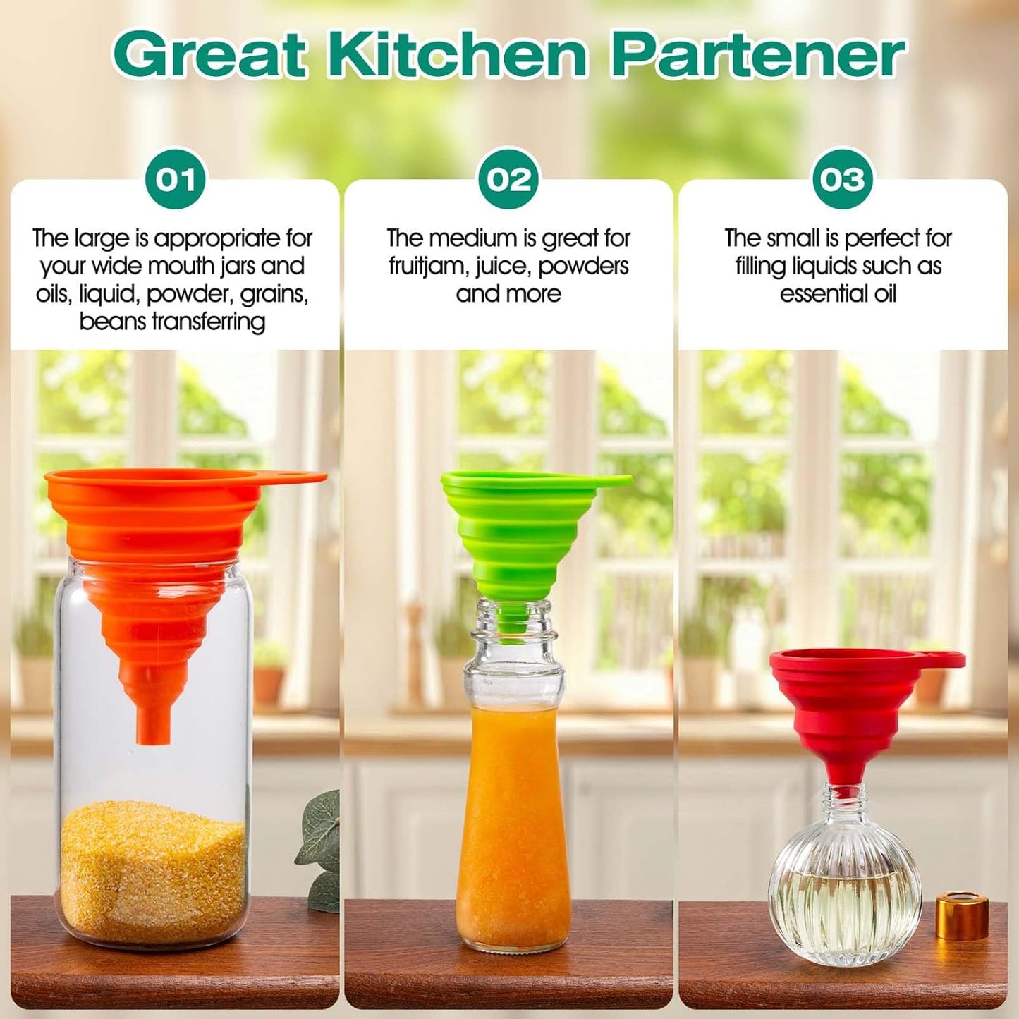 Silicone Collapsible Funnel Set — Foldable Funnels for Bottle & Jar Transfer