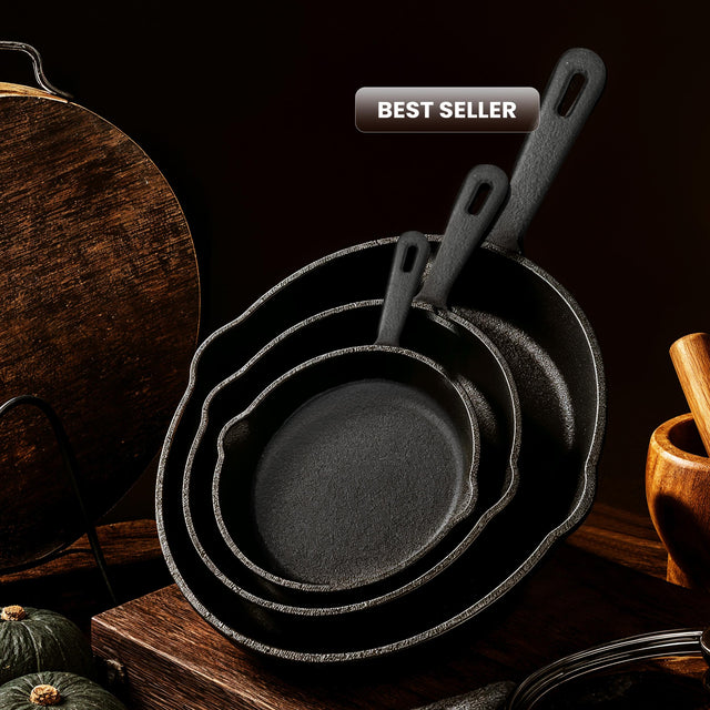 Utopia Kitchen 3-Piece Black Cast Iron Skillet Set - Pre-Seasoned Frying Pans 6", 8", 10" - Oven, Stove, Grill, Campfire Safe - Easy to Use Cookware