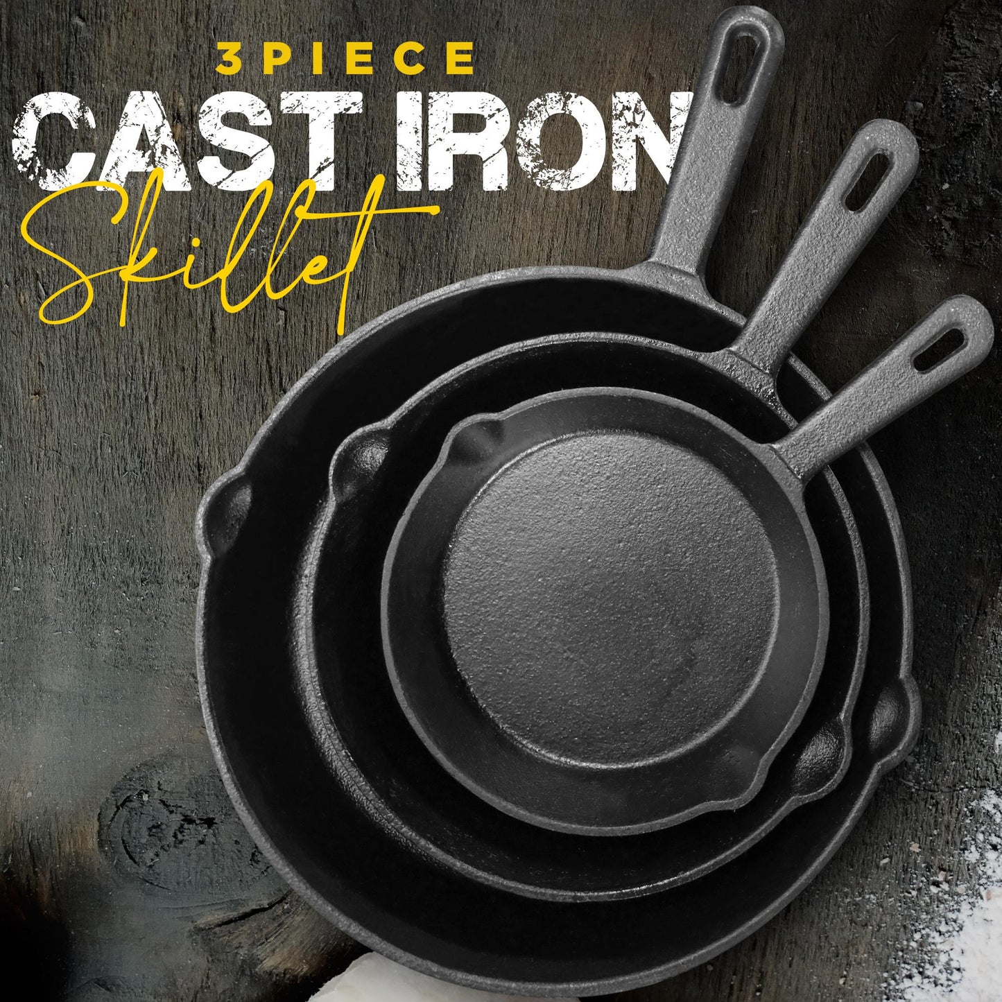 Utopia Kitchen 3-Piece Black Cast Iron Skillet Set - Pre-Seasoned Frying Pans 6", 8", 10" - Oven, Stove, Grill, Campfire Safe - Easy to Use Cookware