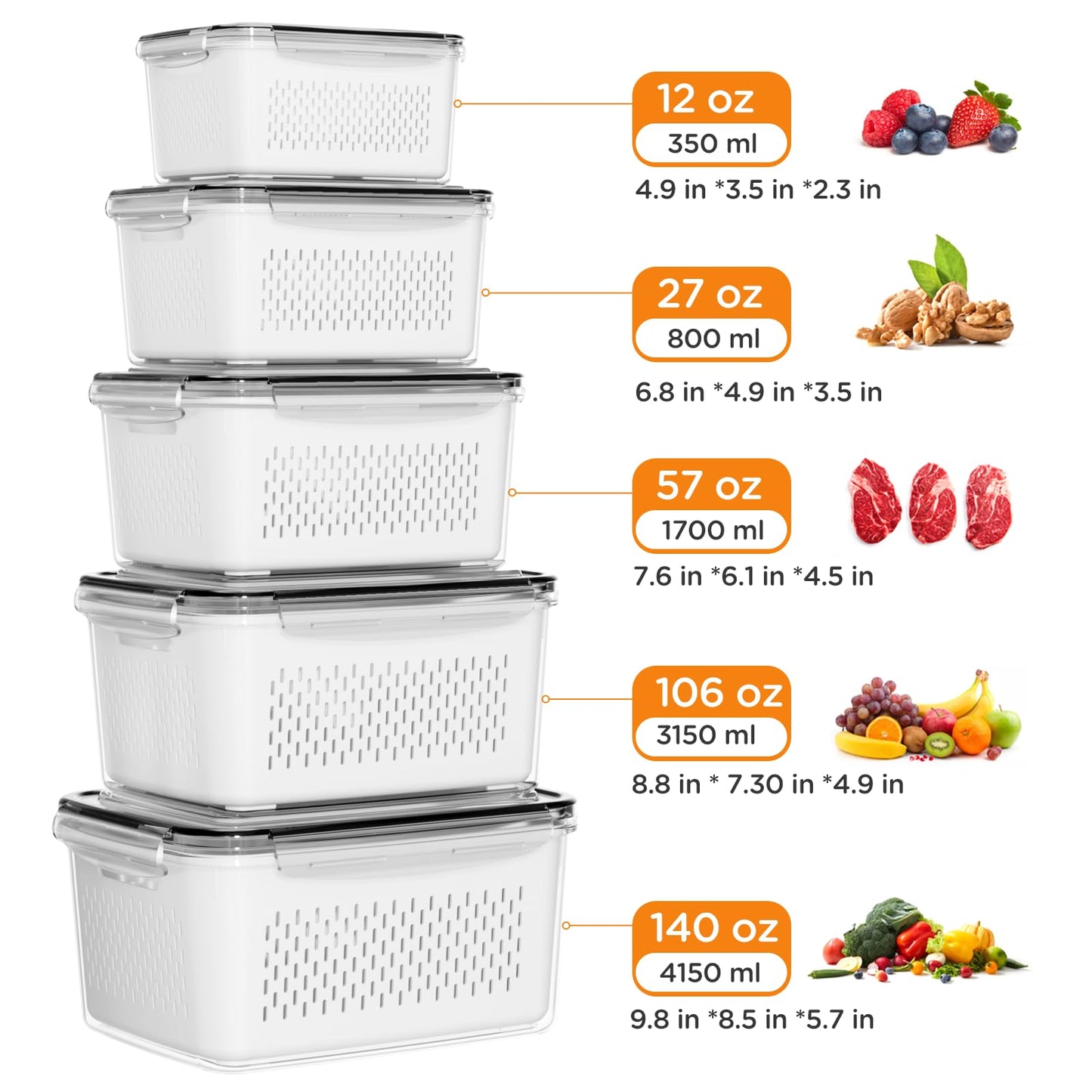 5 Pack Fridge Organizers and Storage - Stackable Fruit Storage Containers for Fridge with Removable Colander, BPA-Free Food Storage Container for Salad Berry Lettuce Vegetables Meat Keeper Fresh