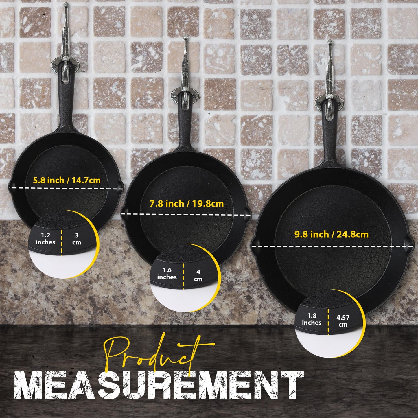 Utopia Kitchen 3-Piece Black Cast Iron Skillet Set - Pre-Seasoned Frying Pans 6", 8", 10" - Oven, Stove, Grill, Campfire Safe - Easy to Use Cookware