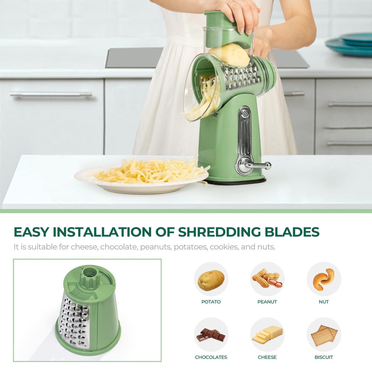 SUSTEAS Rotary Cheese Grater with Handle, 5 Well-Designed Blades, Strong Suction Cup Base, Kitchen Utensils Vegetable Slicer Dicer Fruit Vegetable Slicer Gadgets Kitchen