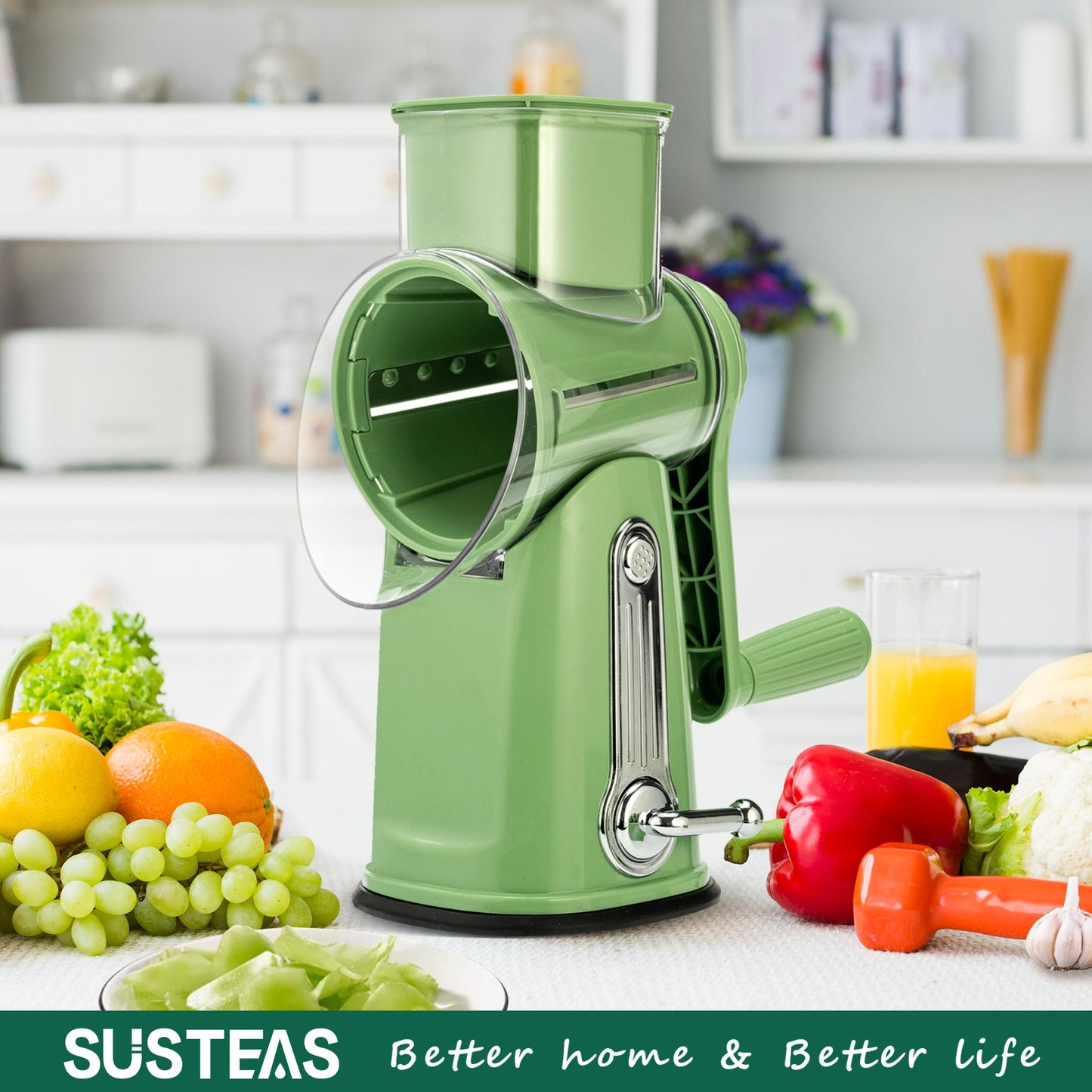 SUSTEAS Rotary Cheese Grater with Handle, 5 Well-Designed Blades, Strong Suction Cup Base, Kitchen Utensils Vegetable Slicer Dicer Fruit Vegetable Slicer Gadgets Kitchen