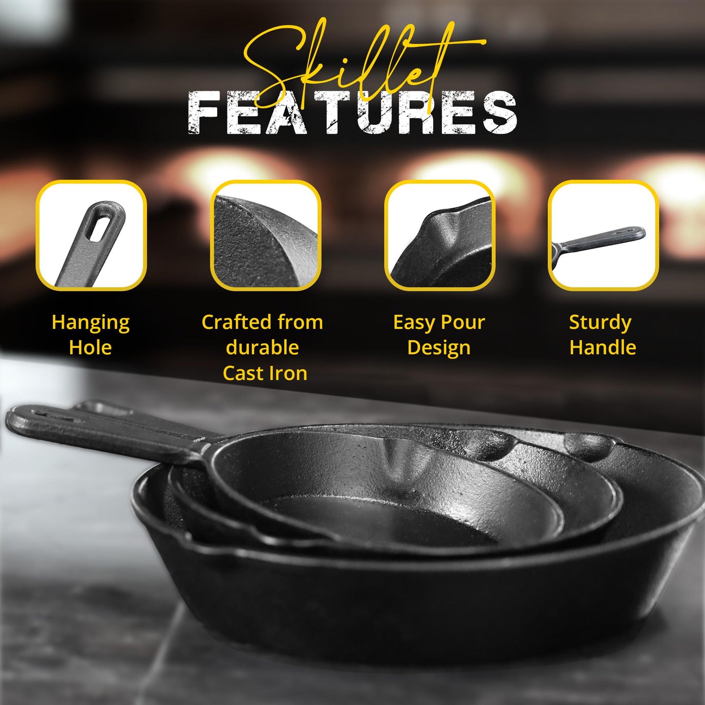 Utopia Kitchen 3-Piece Black Cast Iron Skillet Set - Pre-Seasoned Frying Pans 6", 8", 10" - Oven, Stove, Grill, Campfire Safe - Easy to Use Cookware