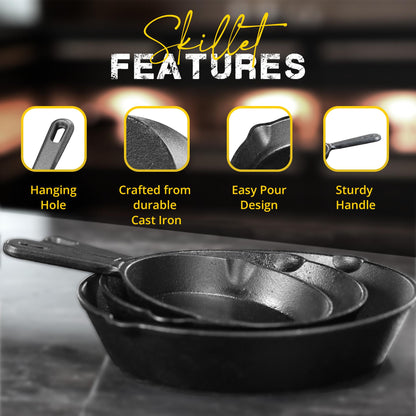 Utopia Kitchen 3-Piece Black Cast Iron Skillet Set - Pre-Seasoned Frying Pans 6", 8", 10" - Oven, Stove, Grill, Campfire Safe - Easy to Use Cookware