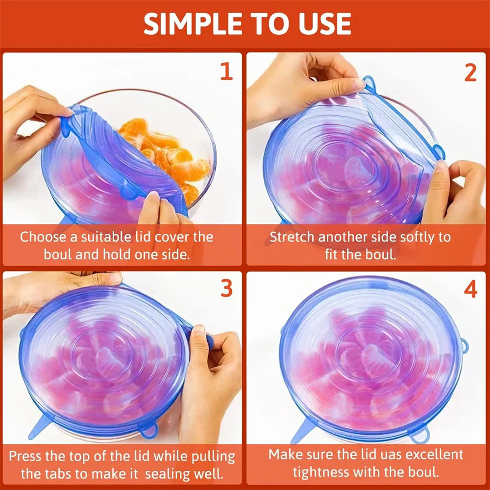 Silicone Stretch Lids- snugly seal your bowls, jars, fruits, and more (6pcs)