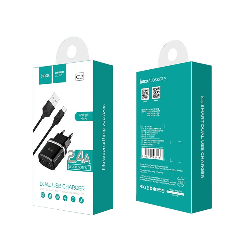 Wall charger “C12 Smart” EU plug double USB charging adapter