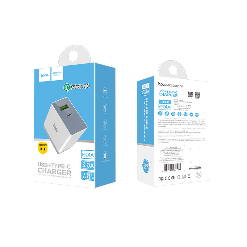 Wall charger “C24A Bele” QC3.0 USB-A & USB-C output quick charging