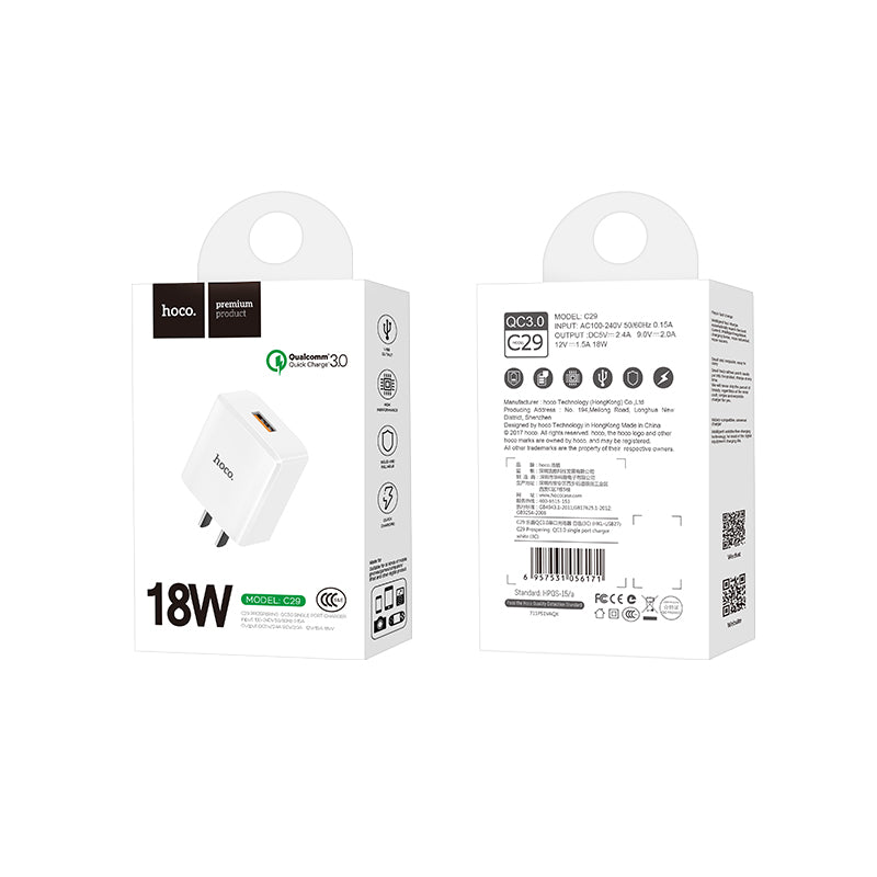 Wall charger “C29 Prospering” QC3.0 US plug single USB
