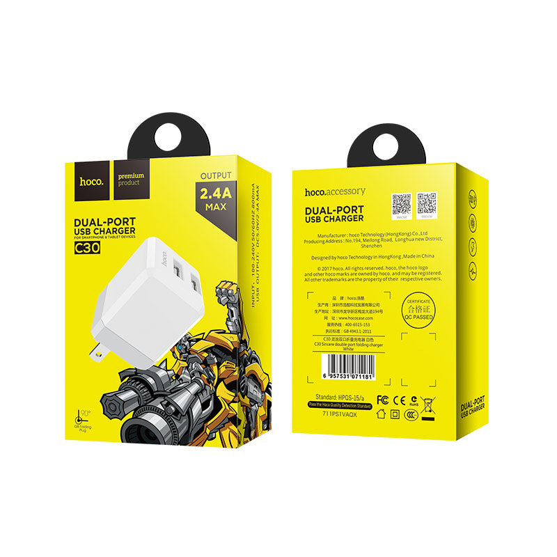 Wall charger “C30 Sincere” folding US plug dual USB
