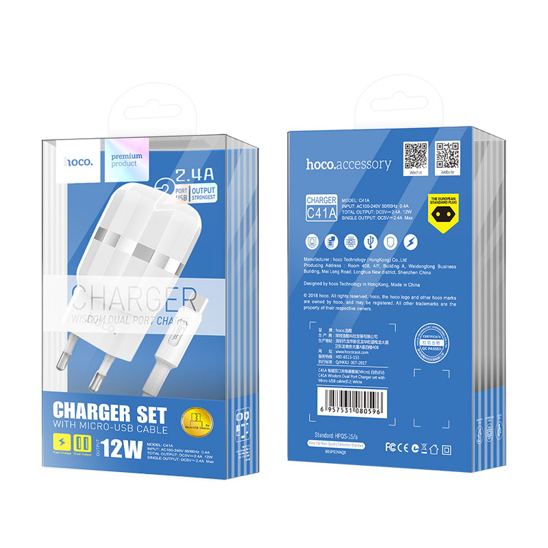 Wall charger “C41A Wisdom” EU dual USB charging adapter
