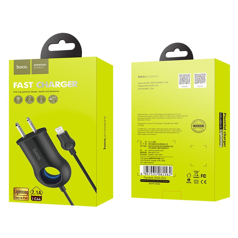 Wall charger “C44 Plentiful” US charging adapter with built-in wire
