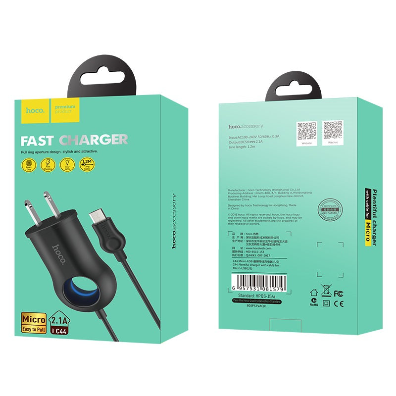 Wall charger “C44 Plentiful” US charging adapter with built-in wire