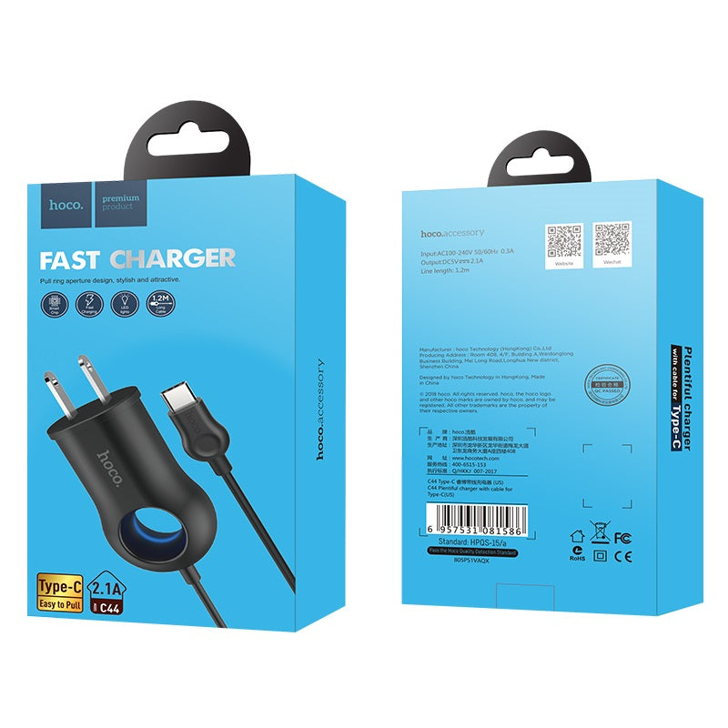 Wall charger “C44 Plentiful” US charging adapter with built-in wire