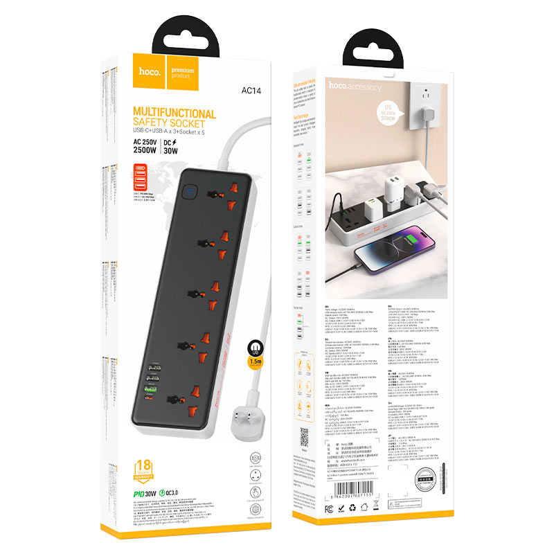 Power strip “AC14 Rico” PD30W + QC3.0 + 5 sockets US