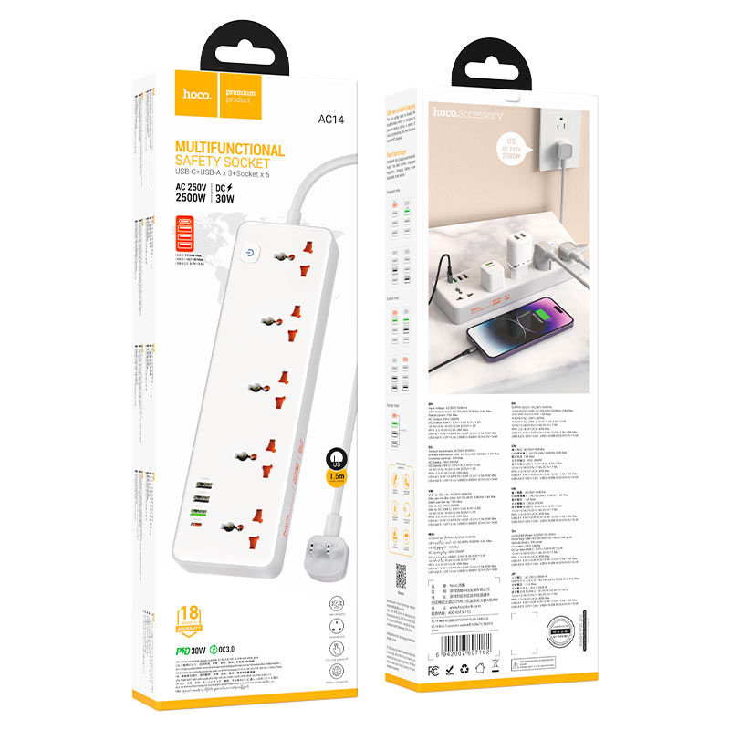 Power strip “AC14 Rico” PD30W + QC3.0 + 5 sockets US