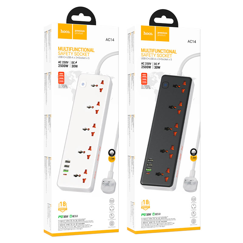 Power strip “AC14 Rico” PD30W + QC3.0 + 5 sockets US