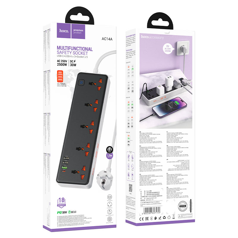 Power strip “AC14A Rico” PD30W + QC3.0 + 5 sockets EU