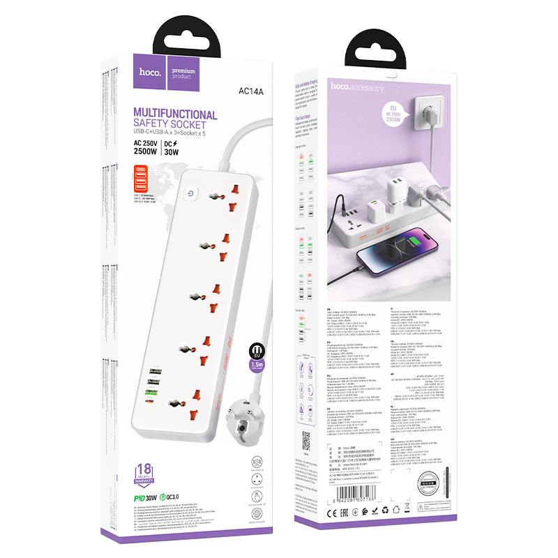 Power strip “AC14A Rico” PD30W + QC3.0 + 5 sockets EU