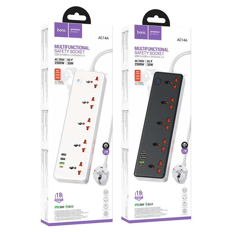 Power strip “AC14A Rico” PD30W + QC3.0 + 5 sockets EU