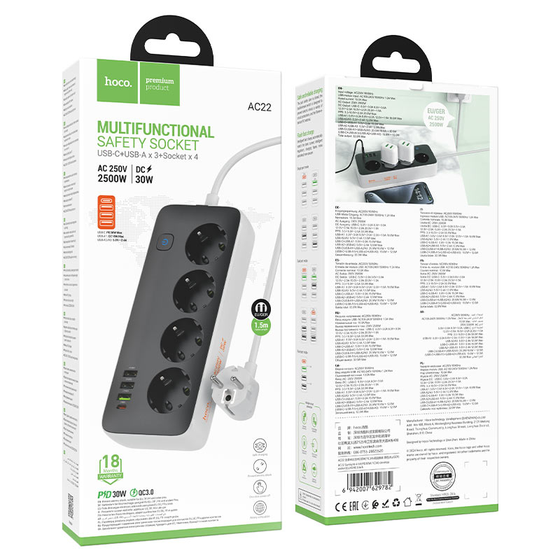 Power strip “AC22 Sunlight” PD30W 4 ports + 4 sockets EU / GER