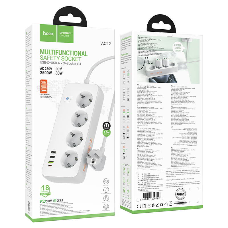 Power strip “AC22 Sunlight” PD30W 4 ports + 4 sockets EU / GER