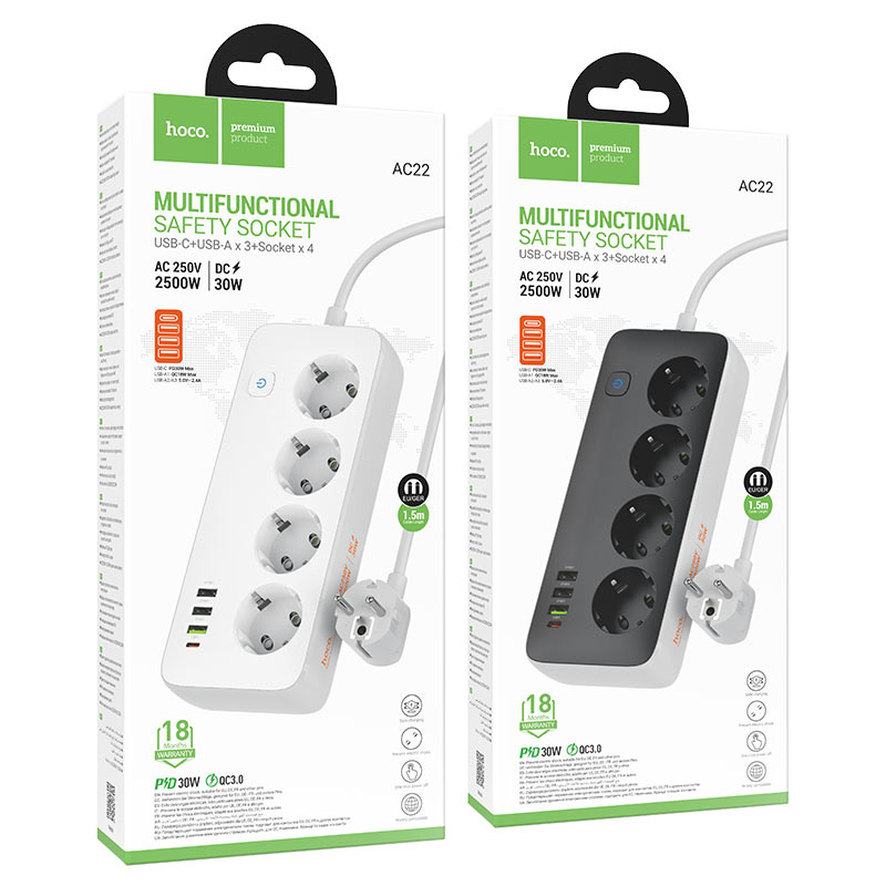 Power strip “AC22 Sunlight” PD30W 4 ports + 4 sockets EU / GER
