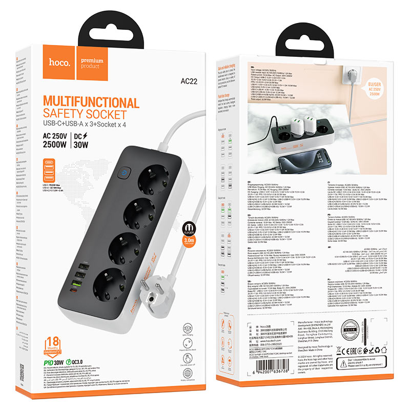 Power strip “AC22 Sunlight” PD30W 4 ports + 4 sockets EU / GER