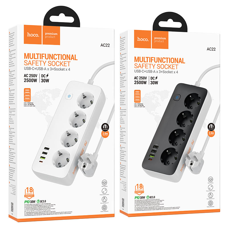 Power strip “AC22 Sunlight” PD30W 4 ports + 4 sockets EU / GER