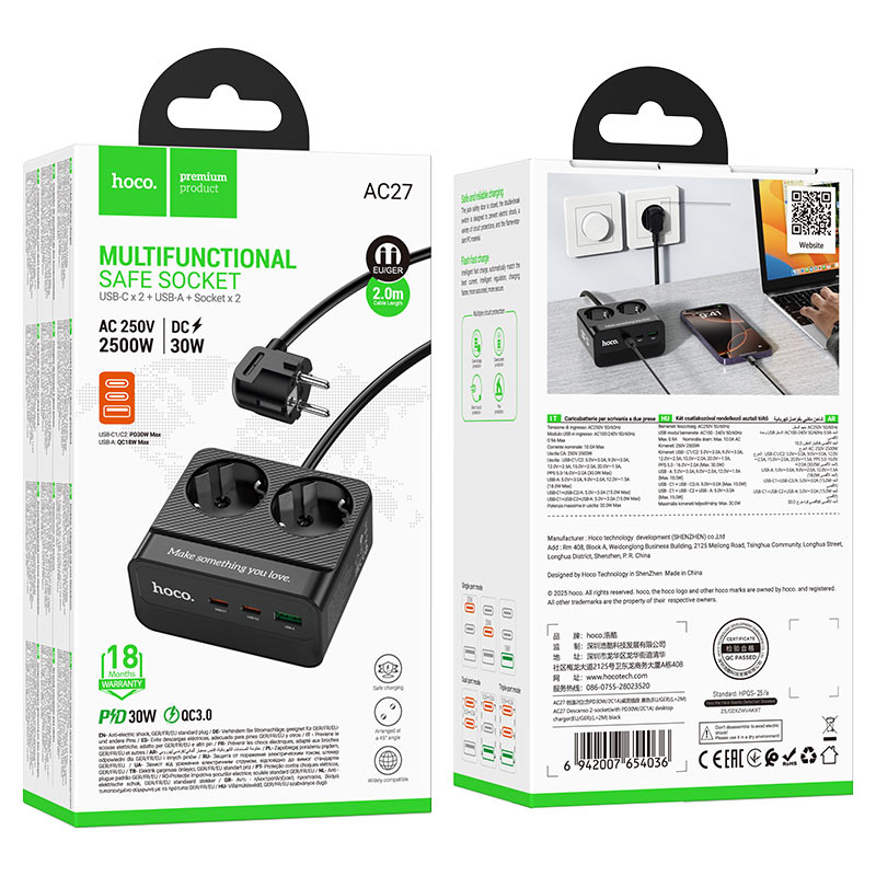 Power strip “AC27 Descanso” PD30W 3 ports + 2 sockets EU / GER