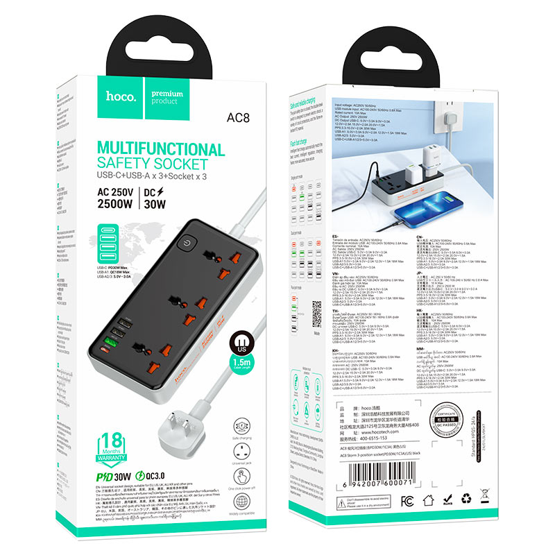 Power strip “AC8 Storm” PD30W + QC3.0 + 3 sockets US