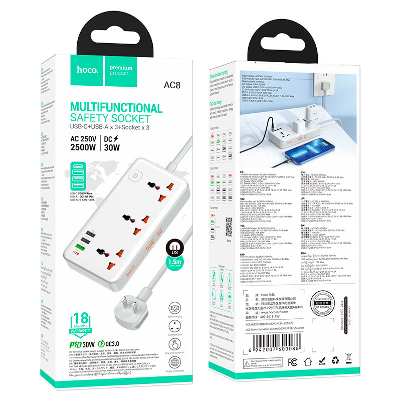 Power strip “AC8 Storm” PD30W + QC3.0 + 3 sockets US