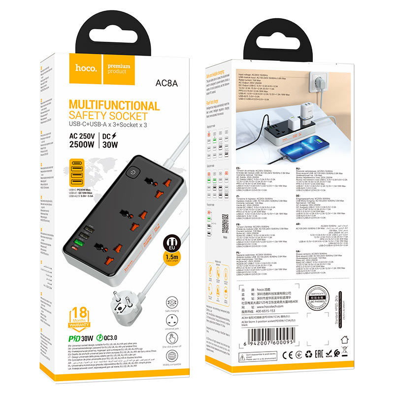 Power strip “AC8A Storm” PD30W + QC3.0 + 3 sockets EU
