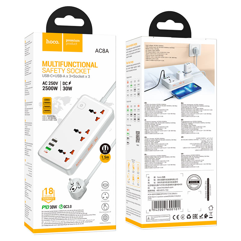 Power strip “AC8A Storm” PD30W + QC3.0 + 3 sockets EU