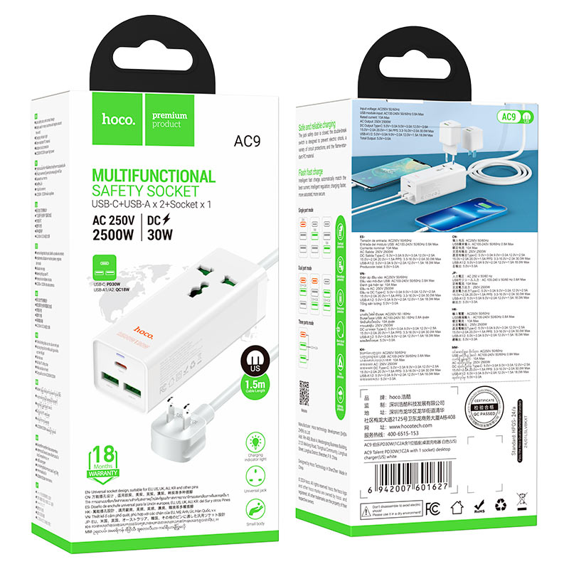 Power strip “AC9 Talent” PD30W + QC3.0 + 1 socket US