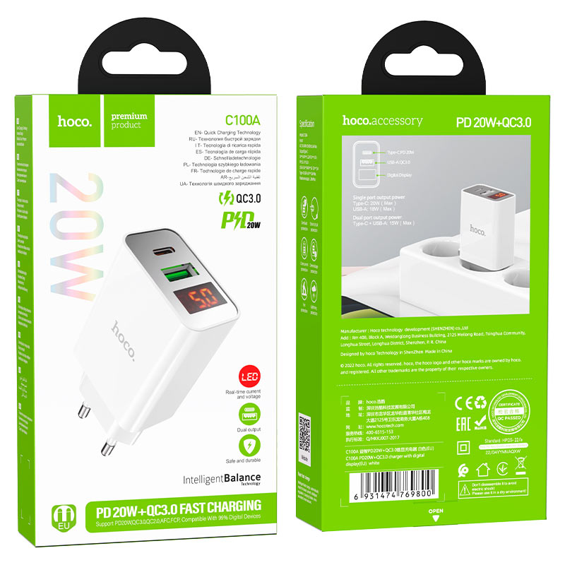Wall charger “C100A” PD20W + QC3.0 EU set with cable
