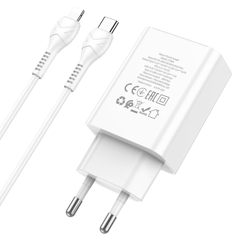 Wall charger “C100A” PD20W + QC3.0 EU set with cable