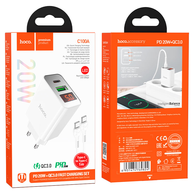 Wall charger “C100A” PD20W + QC3.0 EU set with cable