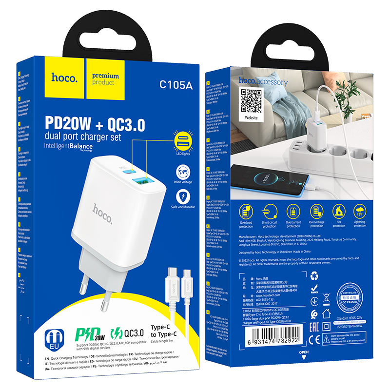 Wall charger “C105A Stage” PD20W + QC3.0 EU cable set