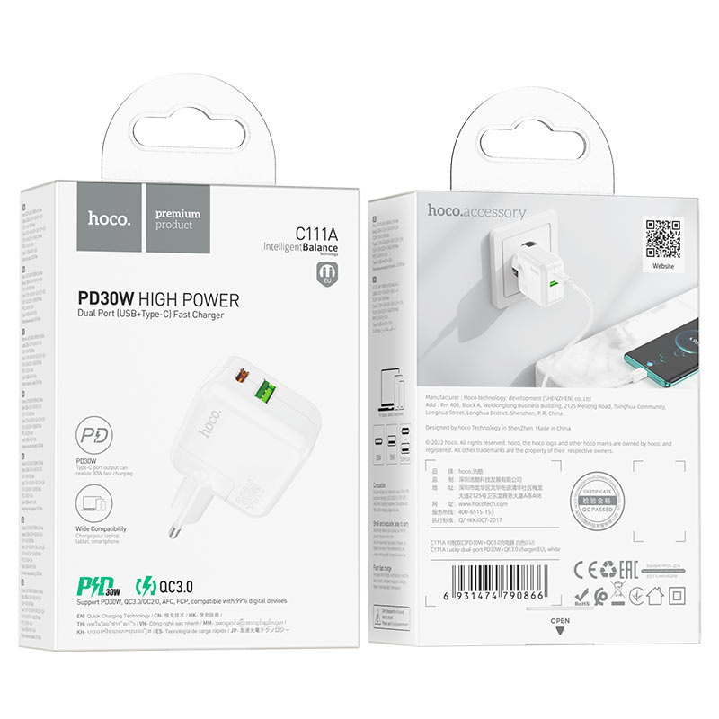 Wall charger “C111A Lucky” PD30W + QC3.0 EU cable set