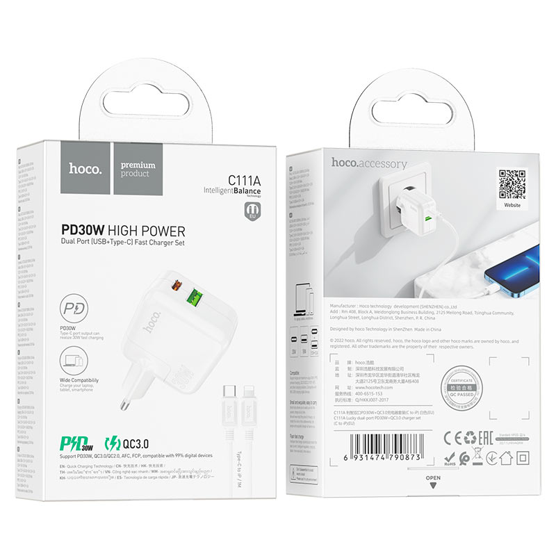 Wall charger “C111A Lucky” PD30W + QC3.0 EU cable set