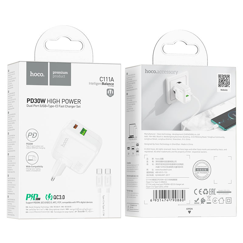 Wall charger “C111A Lucky” PD30W + QC3.0 EU cable set