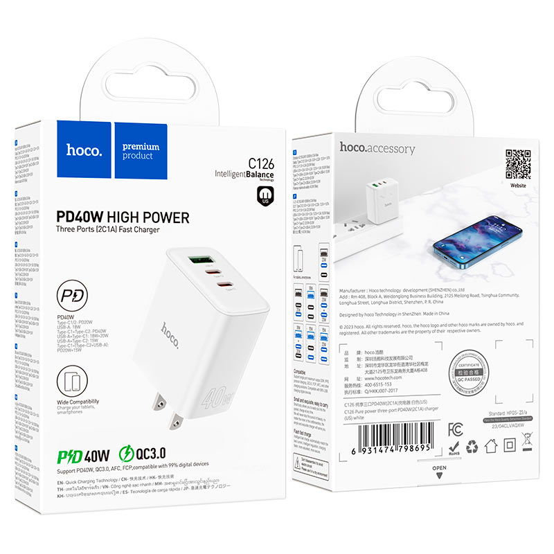 Wall charger “C126 Pure power” 40W PD20W + QC3.0 US cable set