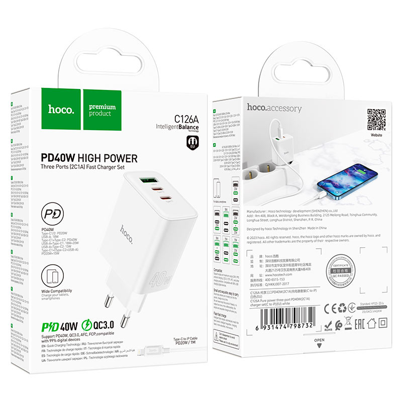 Wall charger “C126A Pure power” 40W PD20W + QC3.0 EU cable set