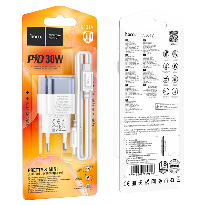 Wall charger “C131A Platinum” PD30W + QC3.0 EU cable set
