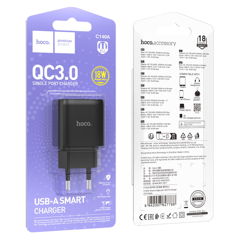 Wall charger “C140A Smart” QC3.0 EU cable set