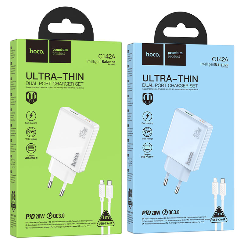 Wall charger “C142A Direct” PD20W + QC3.0 EU cable set